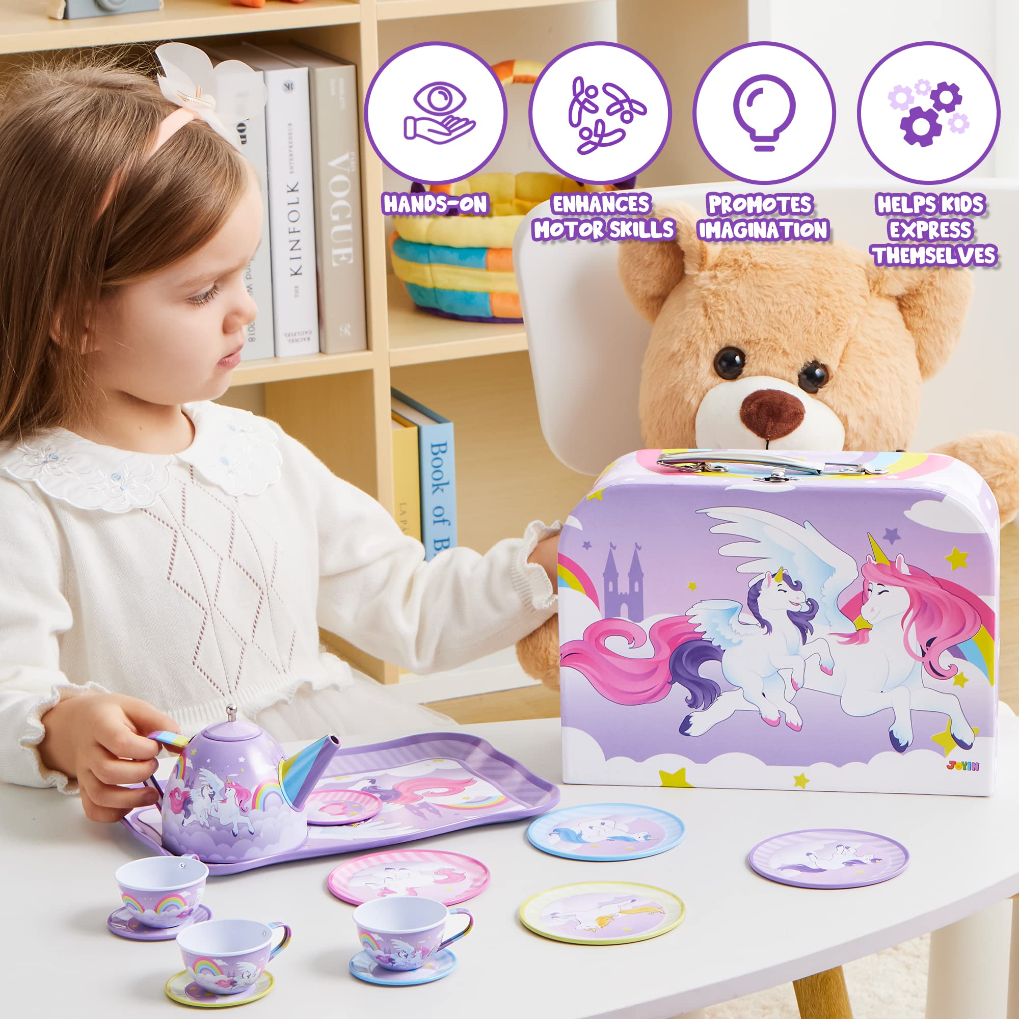 JOYIN Unicorn Tea Party Set for Little Girls, Pretend Purple Tin Teapot Set, Princess Tea Time Play Kitchen Toy with Teapot, Cup, Plate, Carrying Case for Birthday Easter Gift Kids Toddler Age 3 4 5 6