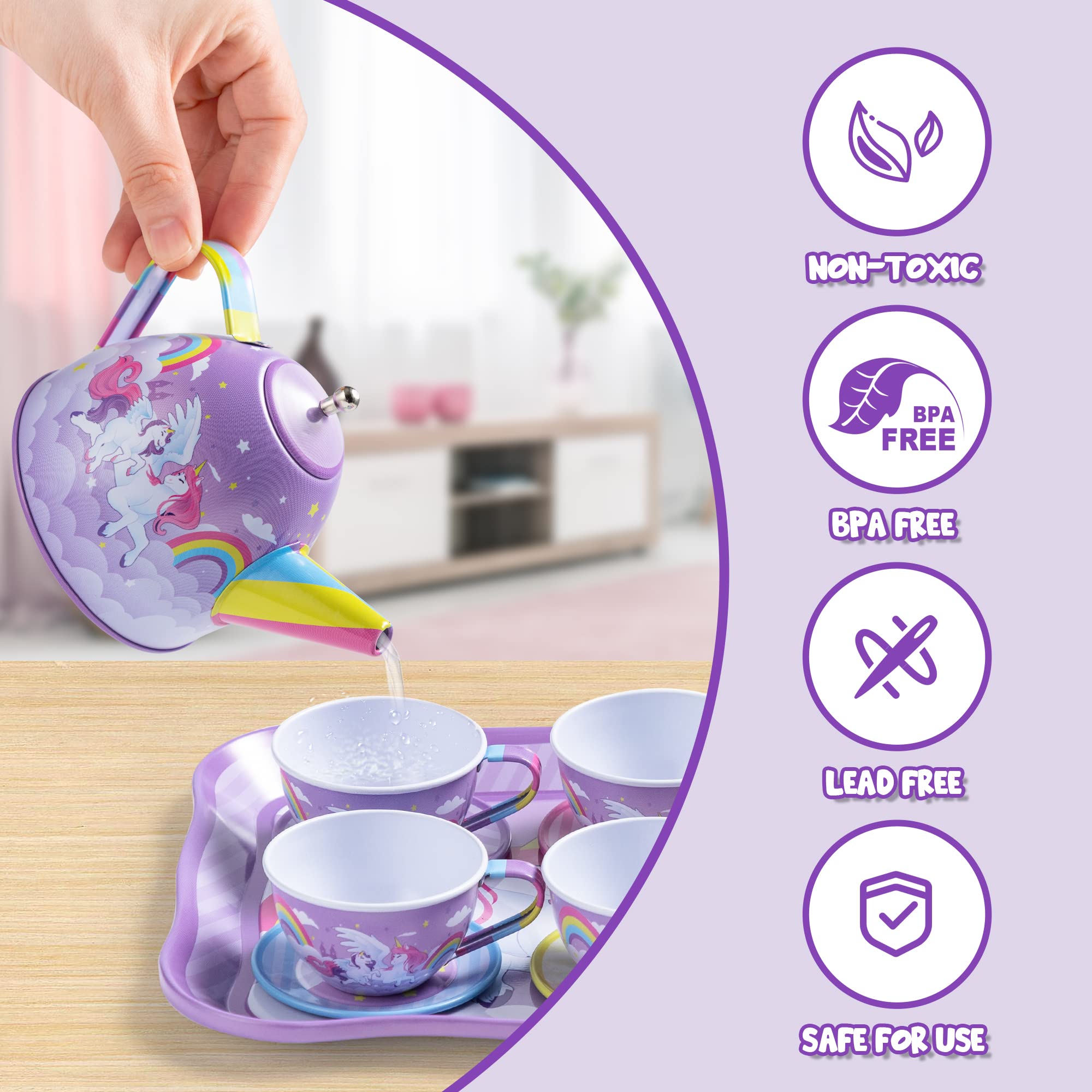 JOYIN Unicorn Tea Party Set for Little Girls, Pretend Purple Tin Teapot Set, Princess Tea Time Play Kitchen Toy with Teapot, Cup, Plate, Carrying Case for Birthday Easter Gift Kids Toddler Age 3 4 5 6