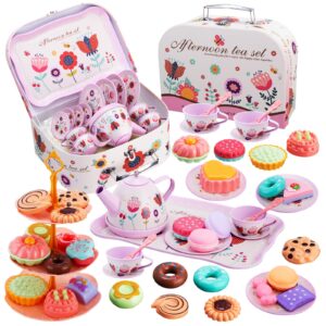 mampo 46pcs tea set for little girls, princess tea time pretend kitchen toy with biscuits, teapot, cake, dessert, carrying case, donut for kids girls boys