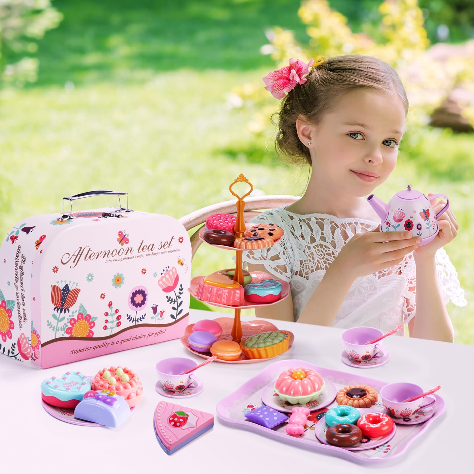 MAMPO 46PCS Tea Set for Little Girls, Princess Tea Time Pretend Kitchen Toy with Biscuits, Teapot, Cake, Dessert, Carrying Case, Donut for Kids Girls Boys