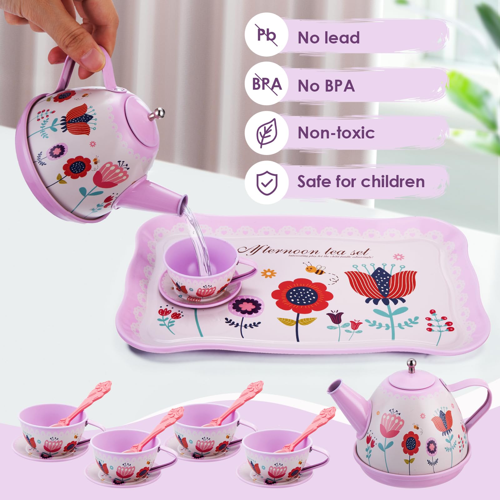 MAMPO 46PCS Tea Set for Little Girls, Princess Tea Time Pretend Kitchen Toy with Biscuits, Teapot, Cake, Dessert, Carrying Case, Donut for Kids Girls Boys