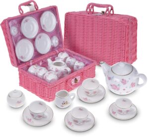 porcelain tea set for girls - pink ceramic tea cups with pink box - tea glass toy for kids tea party - ideal gift for toddlers and children's ages 3 years old - floral design, 13 pieces