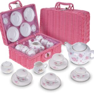 Porcelain Tea Set for Girls - Pink Ceramic Tea Cups with Pink Box - Tea Glass Toy for Kids Tea Party - Ideal Gift for Toddlers and Children's Ages 3 Years Old - Floral Design, 13 Pieces