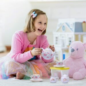 Porcelain Tea Set for Girls - Pink Ceramic Tea Cups with Pink Box - Tea Glass Toy for Kids Tea Party - Ideal Gift for Toddlers and Children's Ages 3 Years Old - Floral Design, 13 Pieces