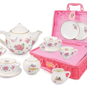 Porcelain Tea Set for Girls - Pink Ceramic Tea Cups with Pink Box - Tea Glass Toy for Kids Tea Party - Ideal Gift for Toddlers and Children's Ages 3 Years Old - Floral Design, 13 Pieces