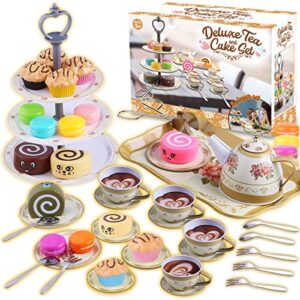 Cheffun Tea Set for Little Girls - Tea Party Pretend Play Kitchen Set Sweet Princess Accessories Plastic Tea Cups Dishes Play Food Macaroons Cake Set Stands Play Set for Toddlers Kids Ages 3 4 5 6 7+