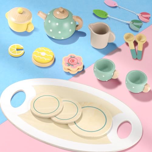 GAGAKU Wooden Tea Set for Little Girls,Wooden Toys Toddler Tea Set Play Kitchen Accessories for Kids Pretend Play Food Playset for Kids Tea Party 15Pcs