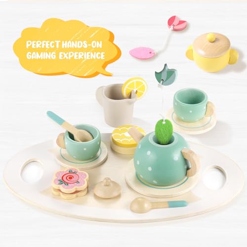 GAGAKU Wooden Tea Set for Little Girls,Wooden Toys Toddler Tea Set Play Kitchen Accessories for Kids Pretend Play Food Playset for Kids Tea Party 15Pcs