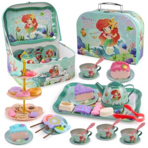 motiloo 48 pcs mermaid kids tea party set with carrying case & sweet treats playset - pretend toy tin tea set for little girls - princess tea time pretend play tea set toys