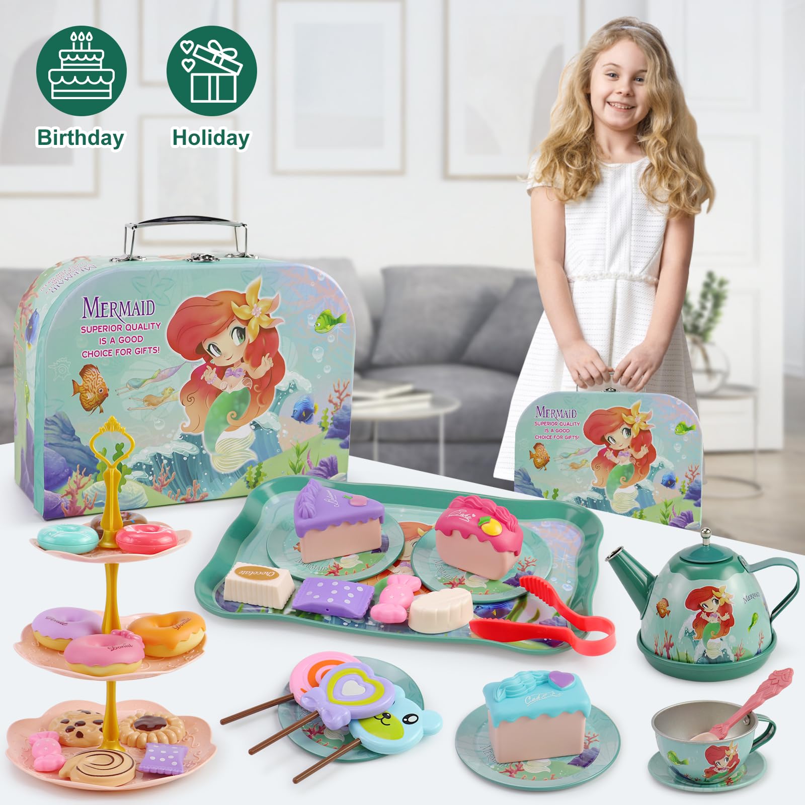 Motiloo 48 Pcs Mermaid Kids Tea Party Set with Carrying Case & Sweet Treats Playset - Pretend Toy Tin Tea Set for Little Girls - Princess Tea Time Pretend Play Tea Set Toys