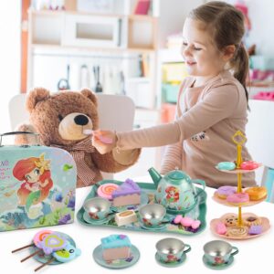 Motiloo 48 Pcs Mermaid Kids Tea Party Set with Carrying Case & Sweet Treats Playset - Pretend Toy Tin Tea Set for Little Girls - Princess Tea Time Pretend Play Tea Set Toys