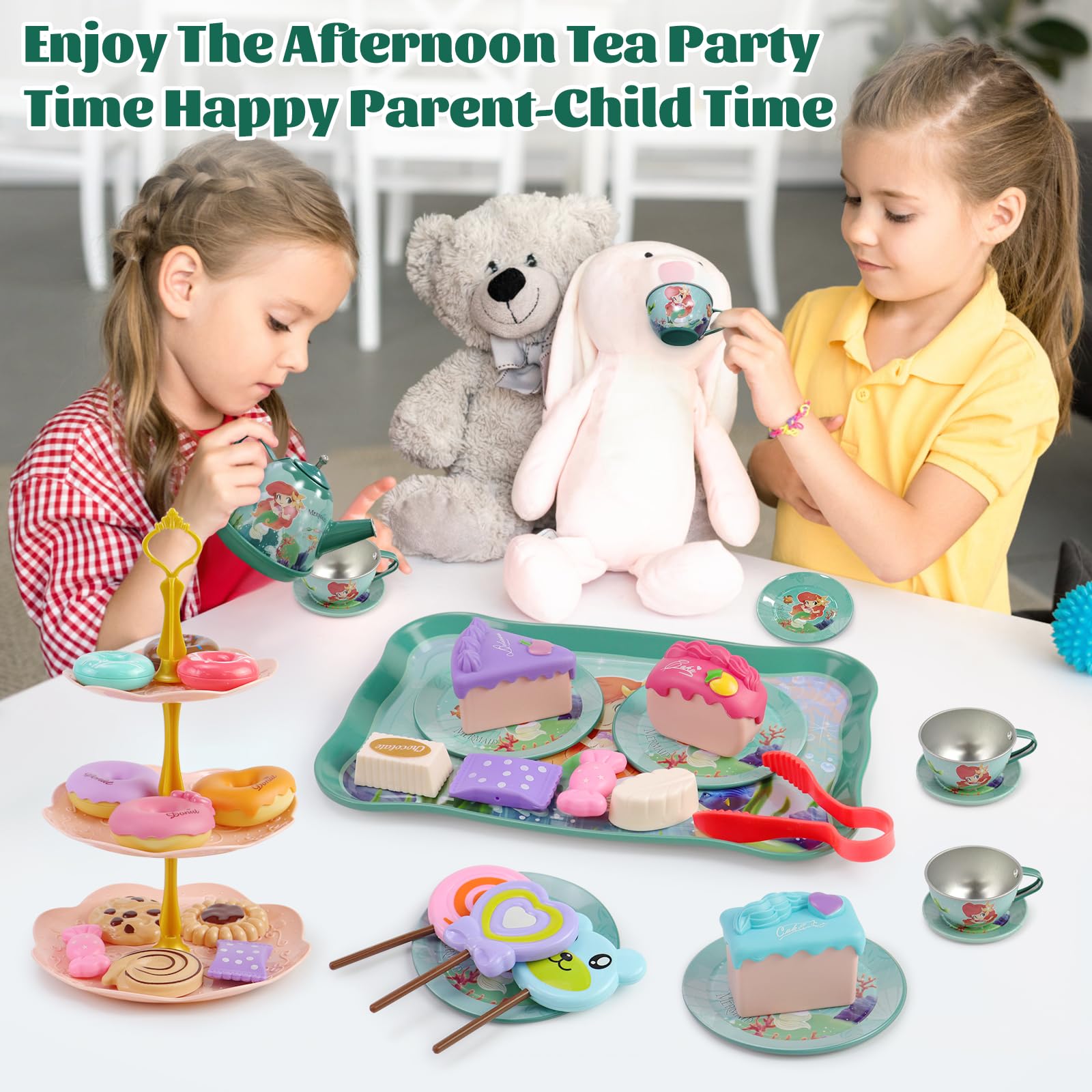 Motiloo 48 Pcs Mermaid Kids Tea Party Set with Carrying Case & Sweet Treats Playset - Pretend Toy Tin Tea Set for Little Girls - Princess Tea Time Pretend Play Tea Set Toys