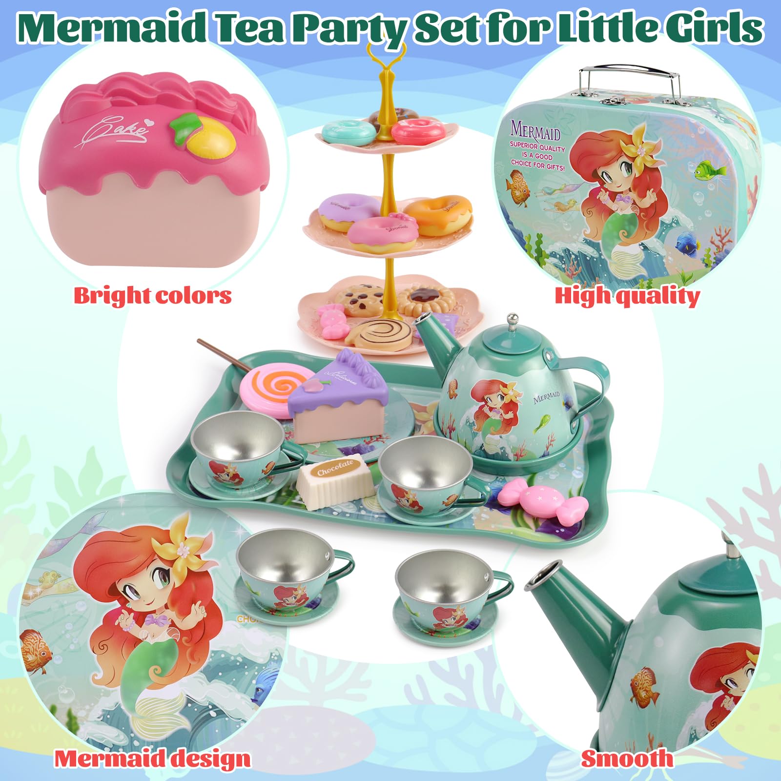 Motiloo 48 Pcs Mermaid Kids Tea Party Set with Carrying Case & Sweet Treats Playset - Pretend Toy Tin Tea Set for Little Girls - Princess Tea Time Pretend Play Tea Set Toys