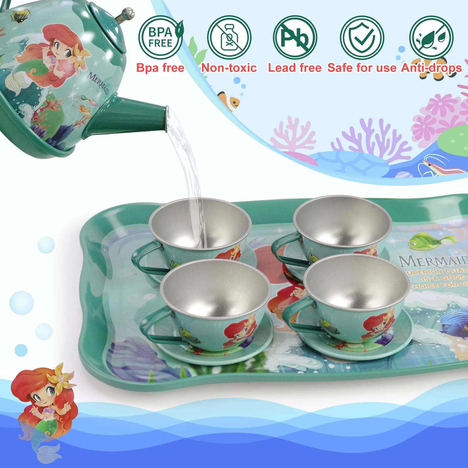 Motiloo 48 Pcs Mermaid Kids Tea Party Set with Carrying Case & Sweet Treats Playset - Pretend Toy Tin Tea Set for Little Girls - Princess Tea Time Pretend Play Tea Set Toys