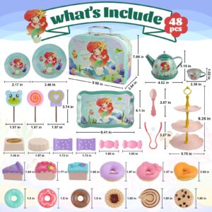 Motiloo 48 Pcs Mermaid Kids Tea Party Set with Carrying Case & Sweet Treats Playset - Pretend Toy Tin Tea Set for Little Girls - Princess Tea Time Pretend Play Tea Set Toys