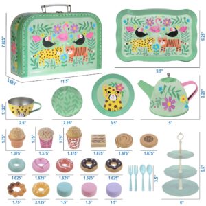 Jewelkeeper Tea Set for Little Girls - 15 Piece Sets Kids Tin Tea Party with Cups, Saucers, Plates & Serving Trays-Toddler Princess Tea Time Pretend Play-Safari Design Picnic Toy -Girls Birthday Gift