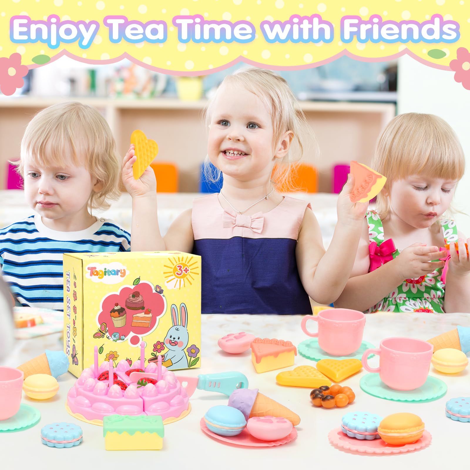 Tagitary Tea Party Set for Little Girls,30 PCS Kitchen Pretend Play Toys Kids Plastic Toys Tea Set,with Cake Dessert,Ice Cream,Cups&Plates,Play Kitchen Accessories Birthday Gift for Kids Toddlers