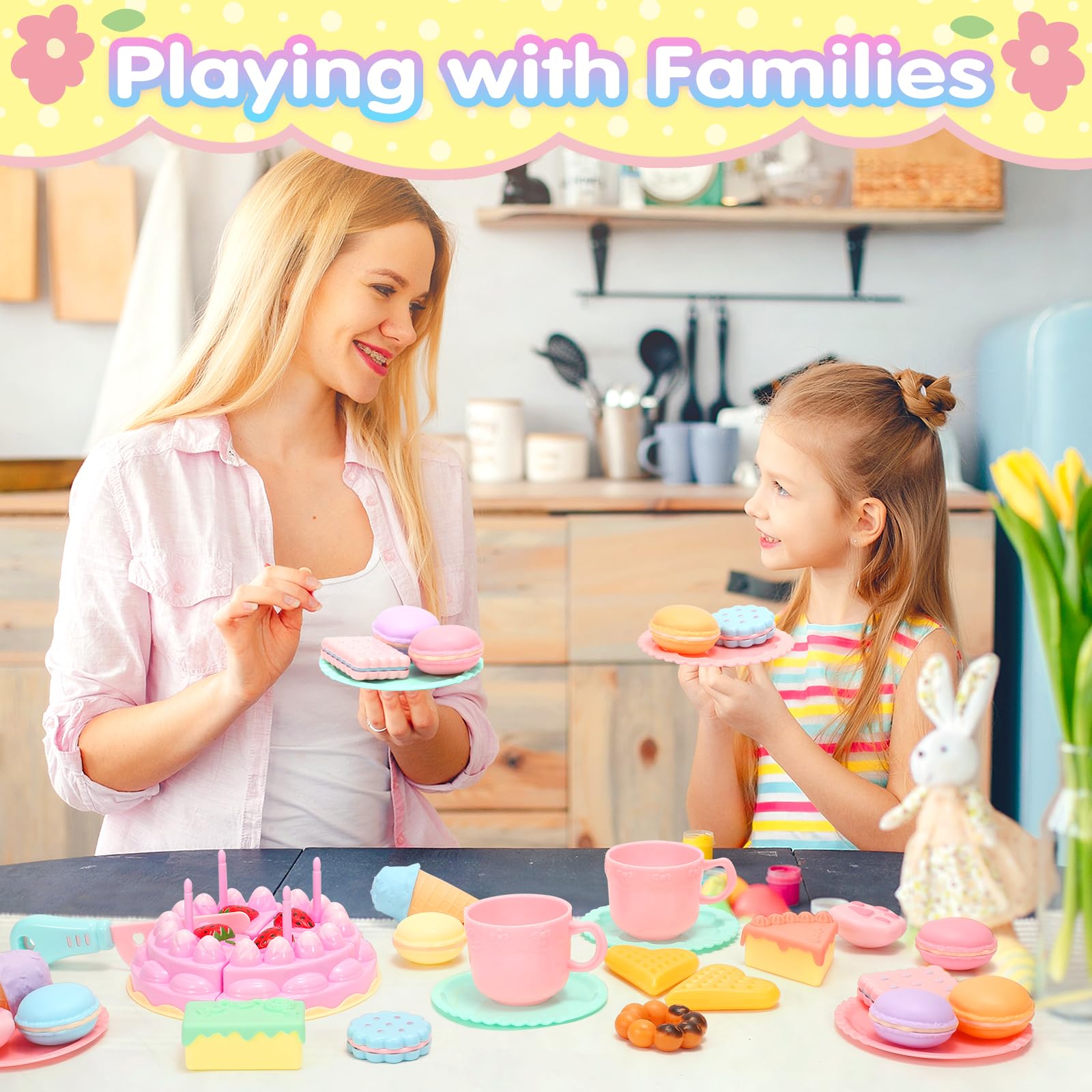 Tagitary Tea Party Set for Little Girls,30 PCS Kitchen Pretend Play Toys Kids Plastic Toys Tea Set,with Cake Dessert,Ice Cream,Cups&Plates,Play Kitchen Accessories Birthday Gift for Kids Toddlers