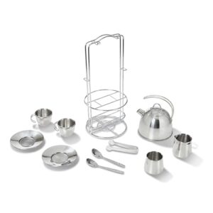 melissa & doug stainless steel pretend play tea set and storage rack for kids (11 pcs)
