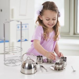 Melissa & Doug Stainless Steel Pretend Play Tea Set and Storage Rack for Kids (11 pcs)