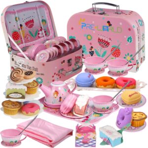 tea party set for little girls,pre-world princess tea time toy including dessert,cookies,doughnut,teapot tray cake, tablecloth & carrying case,kids kitchen pretend play for girls boys age 3-6
