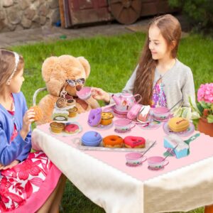 Tea Party Set for Little Girls,PRE-WORLD Princess Tea Time Toy Including Dessert,Cookies,Doughnut,Teapot Tray Cake, Tablecloth & Carrying Case,Kids Kitchen Pretend Play for Girls Boys Age 3-6