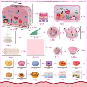 Tea Party Set for Little Girls,PRE-WORLD Princess Tea Time Toy Including Dessert,Cookies,Doughnut,Teapot Tray Cake, Tablecloth & Carrying Case,Kids Kitchen Pretend Play for Girls Boys Age 3-6