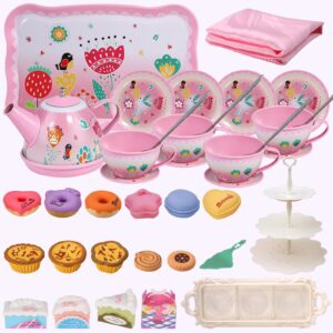 Tea Party Set for Little Girls,PRE-WORLD Princess Tea Time Toy Including Dessert,Cookies,Doughnut,Teapot Tray Cake, Tablecloth & Carrying Case,Kids Kitchen Pretend Play for Girls Boys Age 3-6