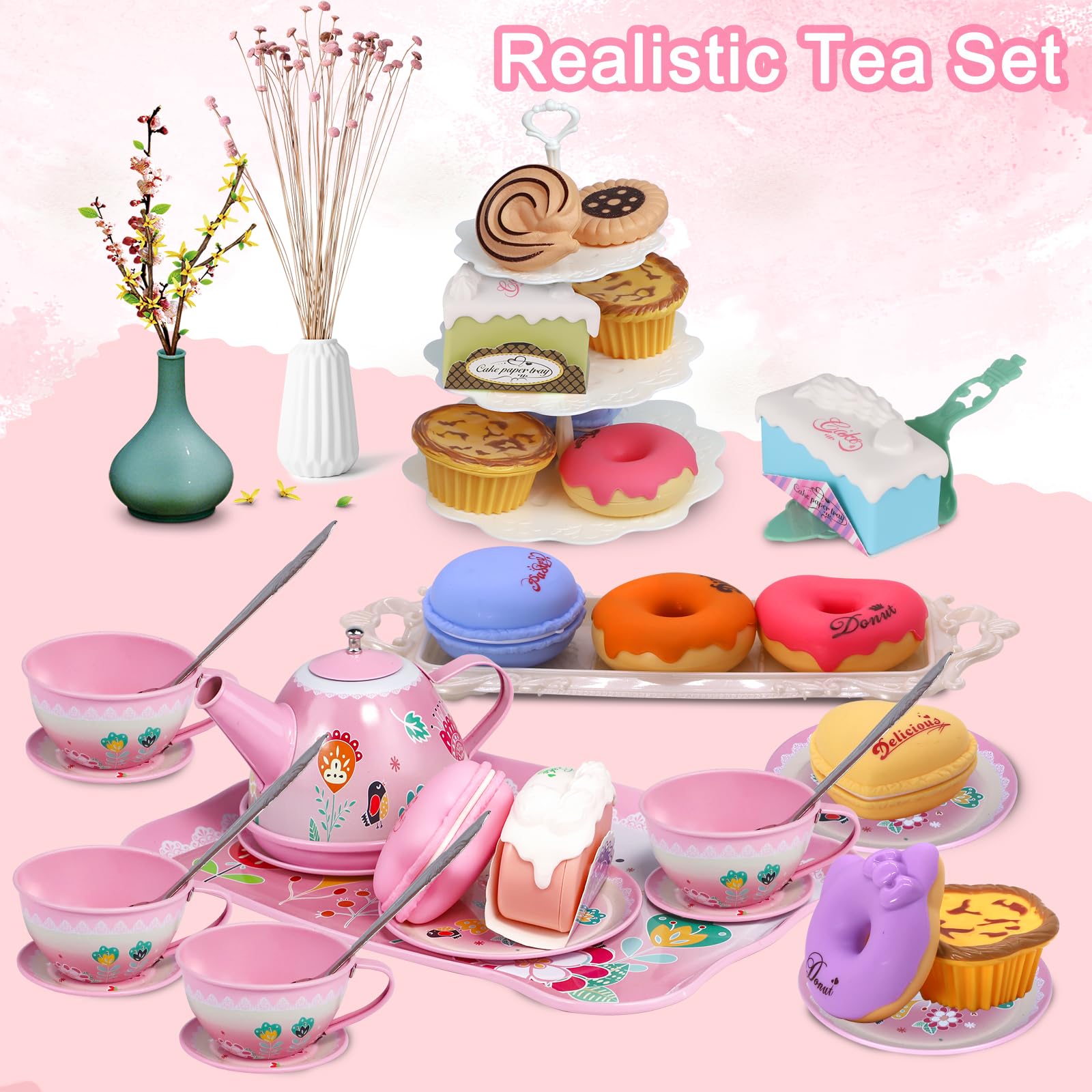 Tea Party Set for Little Girls,PRE-WORLD Princess Tea Time Toy Including Dessert,Cookies,Doughnut,Teapot Tray Cake, Tablecloth & Carrying Case,Kids Kitchen Pretend Play for Girls Boys Age 3-6