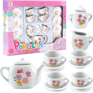 liberty imports 16 piece rose flower miniature porcelain ceramic tea set | kids toy mini pretend play kitchen decorated playset | small party accessories teapot, cups, sugar bowl and creamer