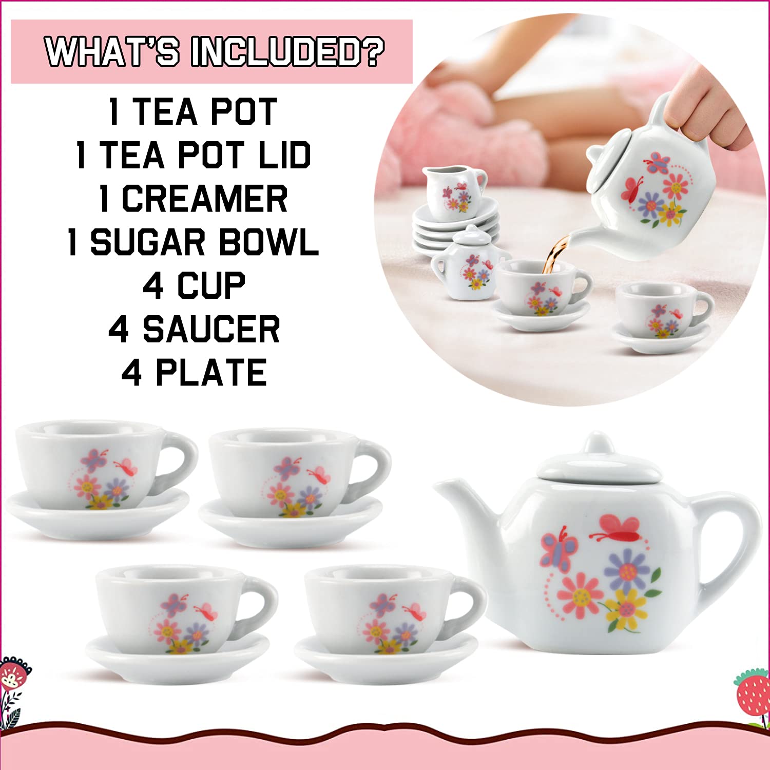 Liberty Imports 16 Piece Rose Flower Miniature Porcelain Ceramic Tea Set | Kids Toy Mini Pretend Play Kitchen Decorated Playset | Small Party Accessories Teapot, Cups, Sugar Bowl and Creamer