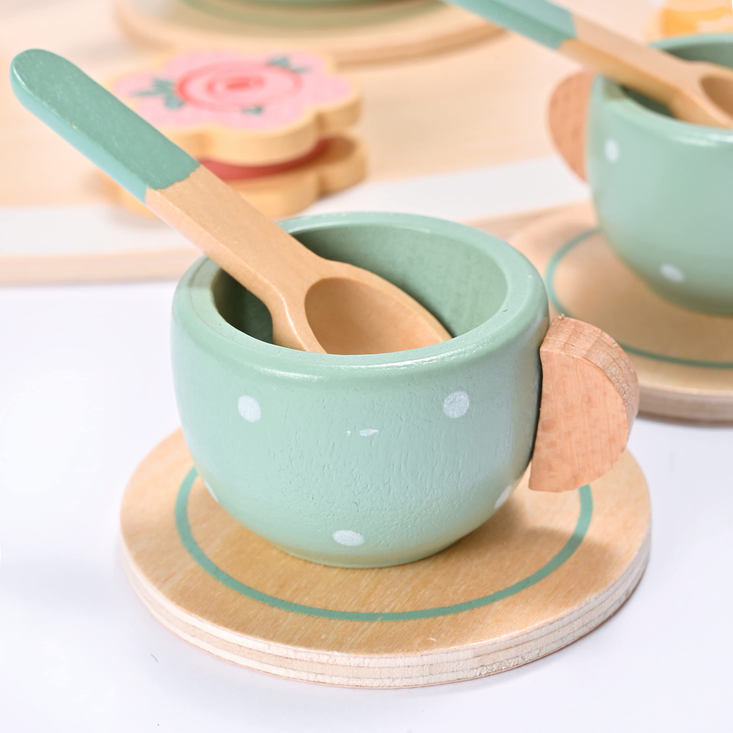 15pcs Wooden Tea Set for Little Girls, MONT PLEASANT Wooden Toys, Toddler Tea Set Play Kitchen Accessories Play Food playset for Kids Tea Party