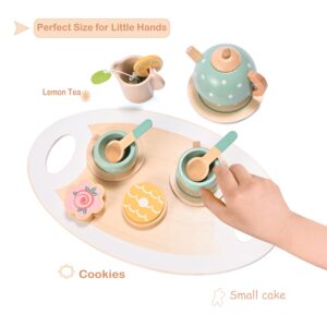 15pcs Wooden Tea Set for Little Girls, MONT PLEASANT Wooden Toys, Toddler Tea Set Play Kitchen Accessories Play Food playset for Kids Tea Party