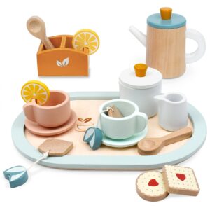 pairpear wooden tea set for little girls, wooden toys toddler tea set play kitchen accessories for kids tea party with play food.