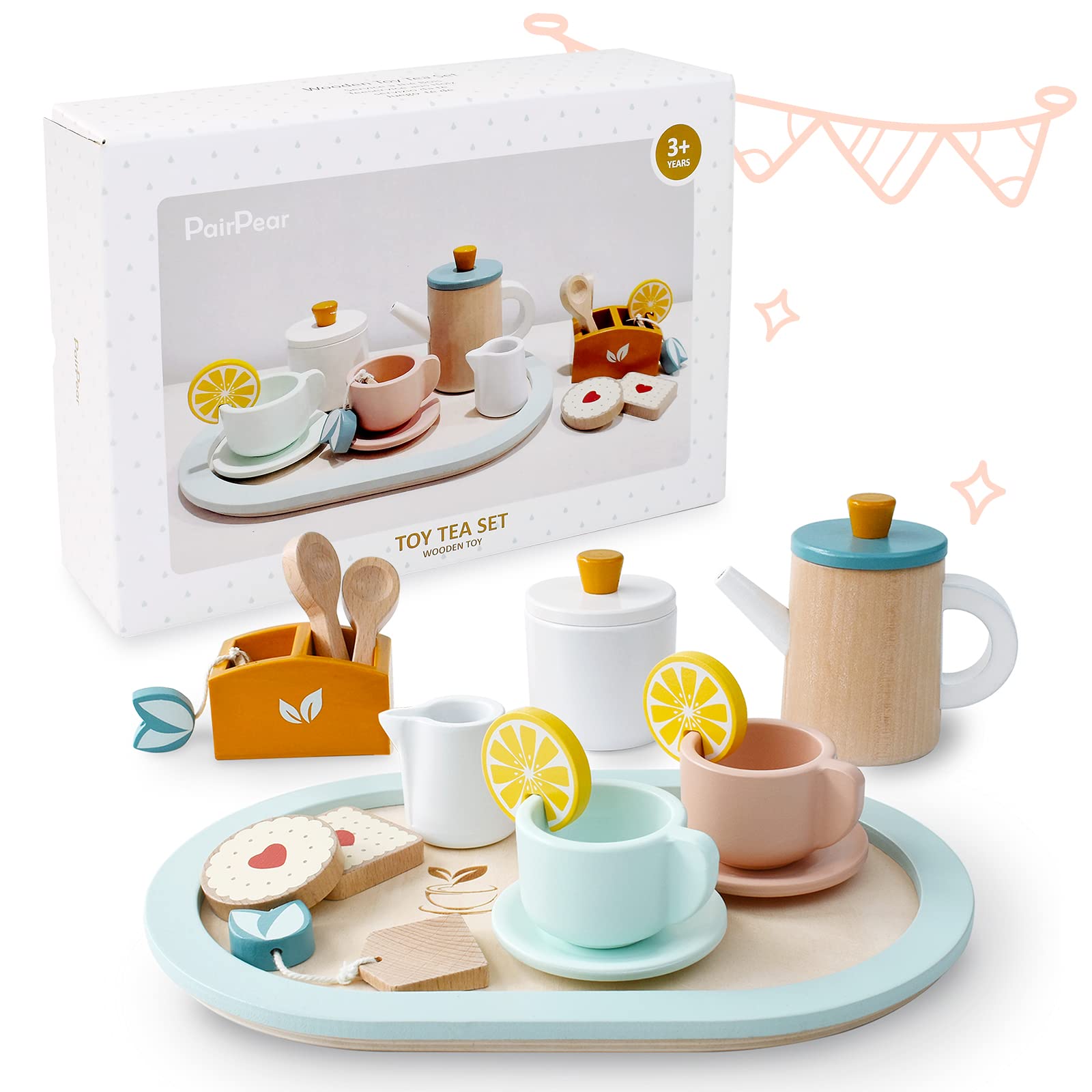 PairPear Wooden Tea Set for Little Girls, Wooden Toys Toddler Tea Set Play Kitchen Accessories for Kids Tea Party with Play Food.