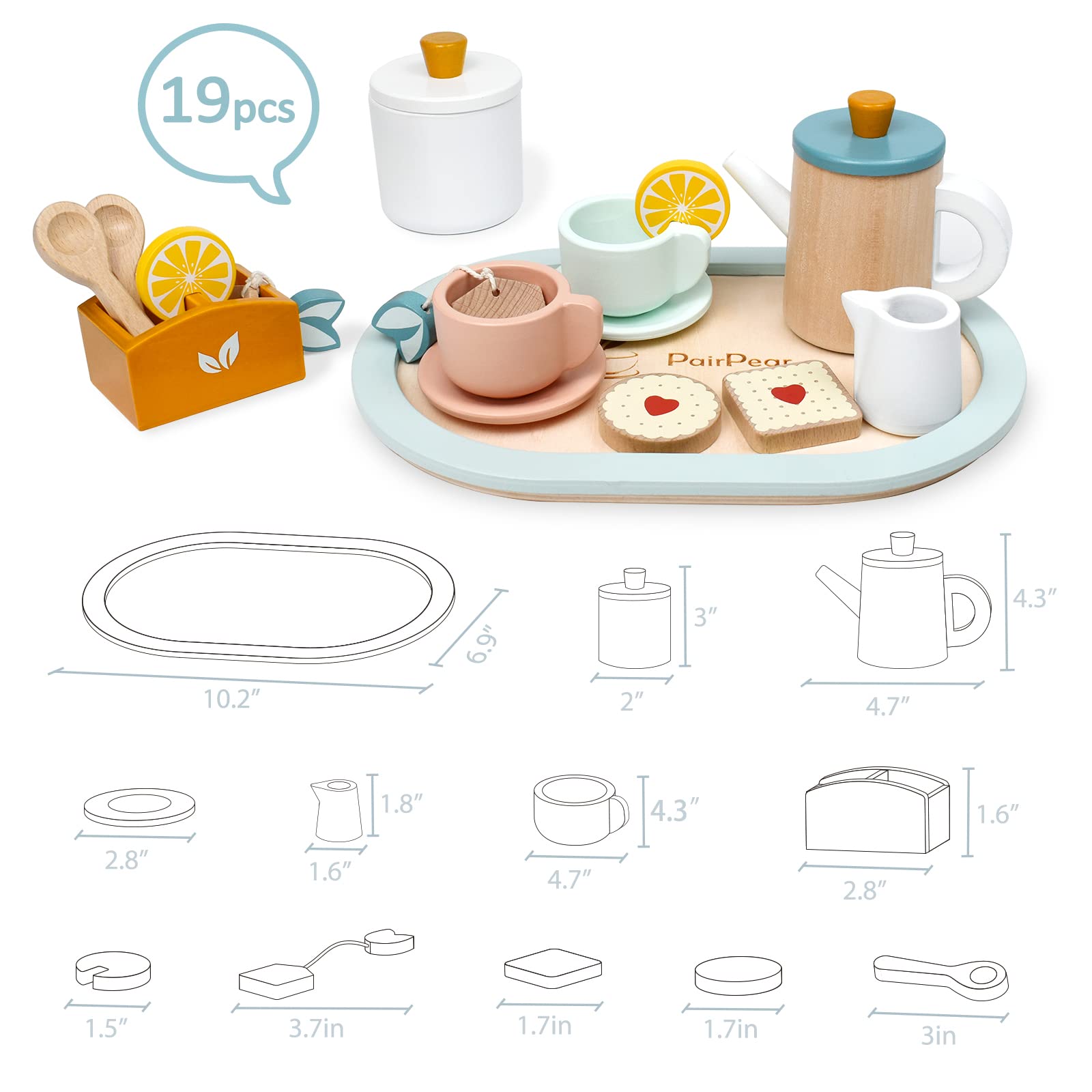 PairPear Wooden Tea Set for Little Girls, Wooden Toys Toddler Tea Set Play Kitchen Accessories for Kids Tea Party with Play Food.