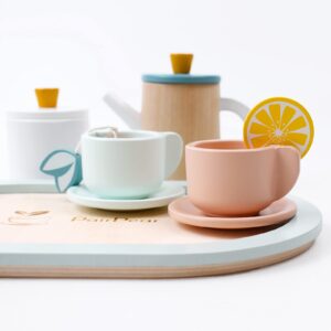 PairPear Wooden Tea Set for Little Girls, Wooden Toys Toddler Tea Set Play Kitchen Accessories for Kids Tea Party with Play Food.