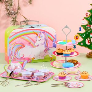 JOYIN 35Pcs Unicorn Tea Party Set for Little Girls, Pretend Tin Teapot Set, Princess Tea Time Play Kitchen Toy with Dessert, Doughnut, Carrying Case for Birthday Easter Gifts Kids Toddlers Age 3 4 5 6