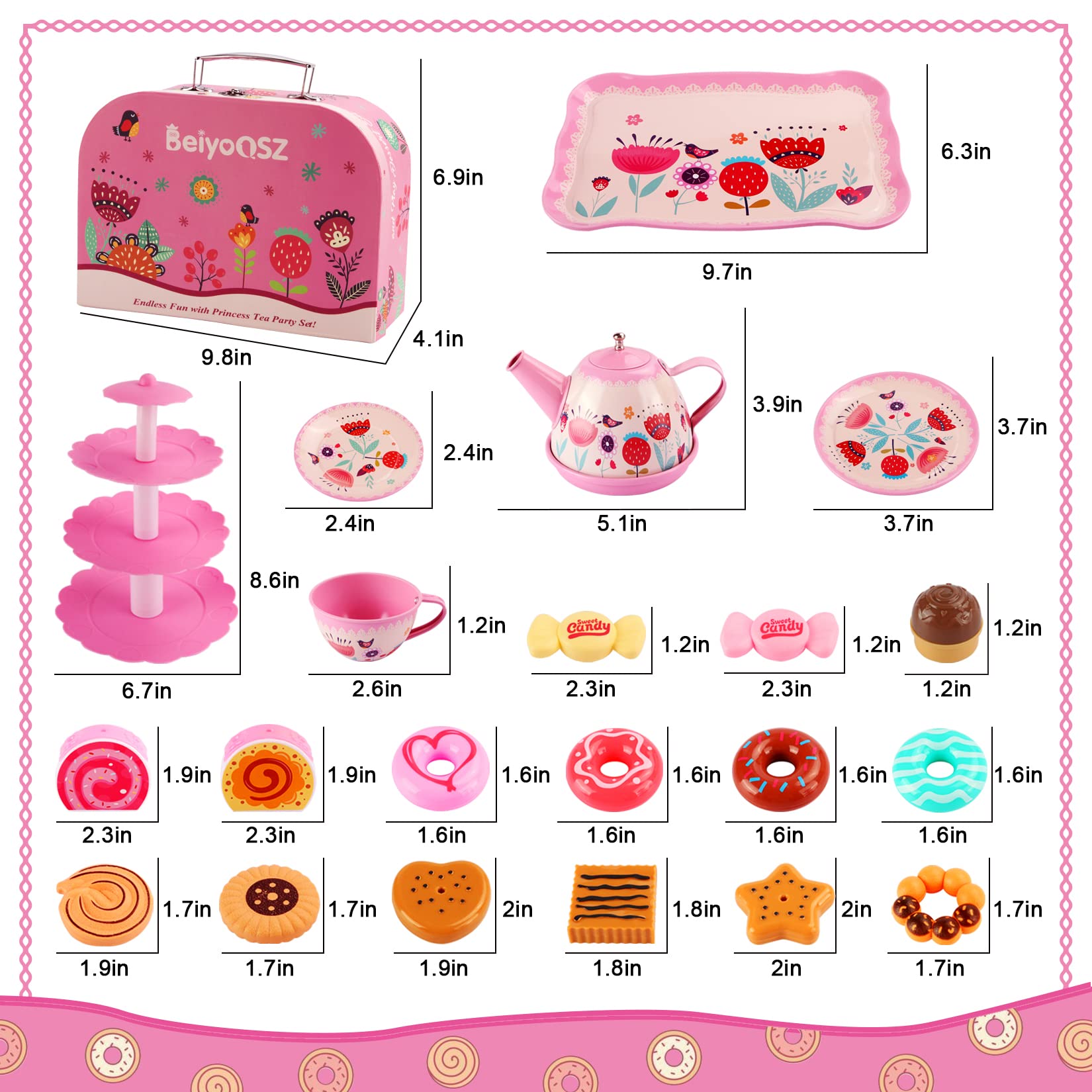 Tea Party Set for Little Girls, Princess Tea Time Toy with Food Sweet Treats Playset Carrying Case, Tea Set Birthday Gift Toys for 3 4 5 6 7 8 Year Old Girls Todler