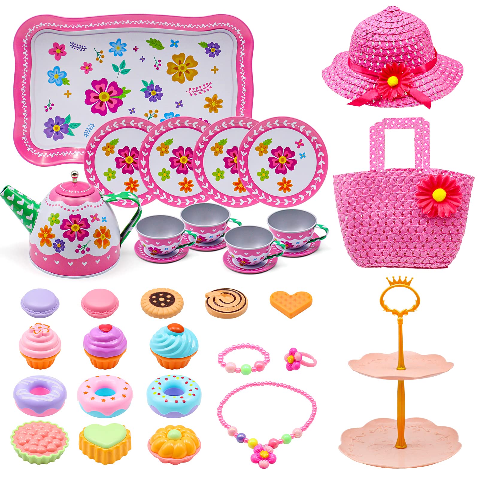 34PCS Kids Tea Party Set for Little Girls, Tin Tea Set Pretend Play with Girl Purse & Tea Party Hat Jewelry Set, Teapot Tea Cups Play Dishes, Birthday Gift Toys for Toddler Girl Kid Age 3+