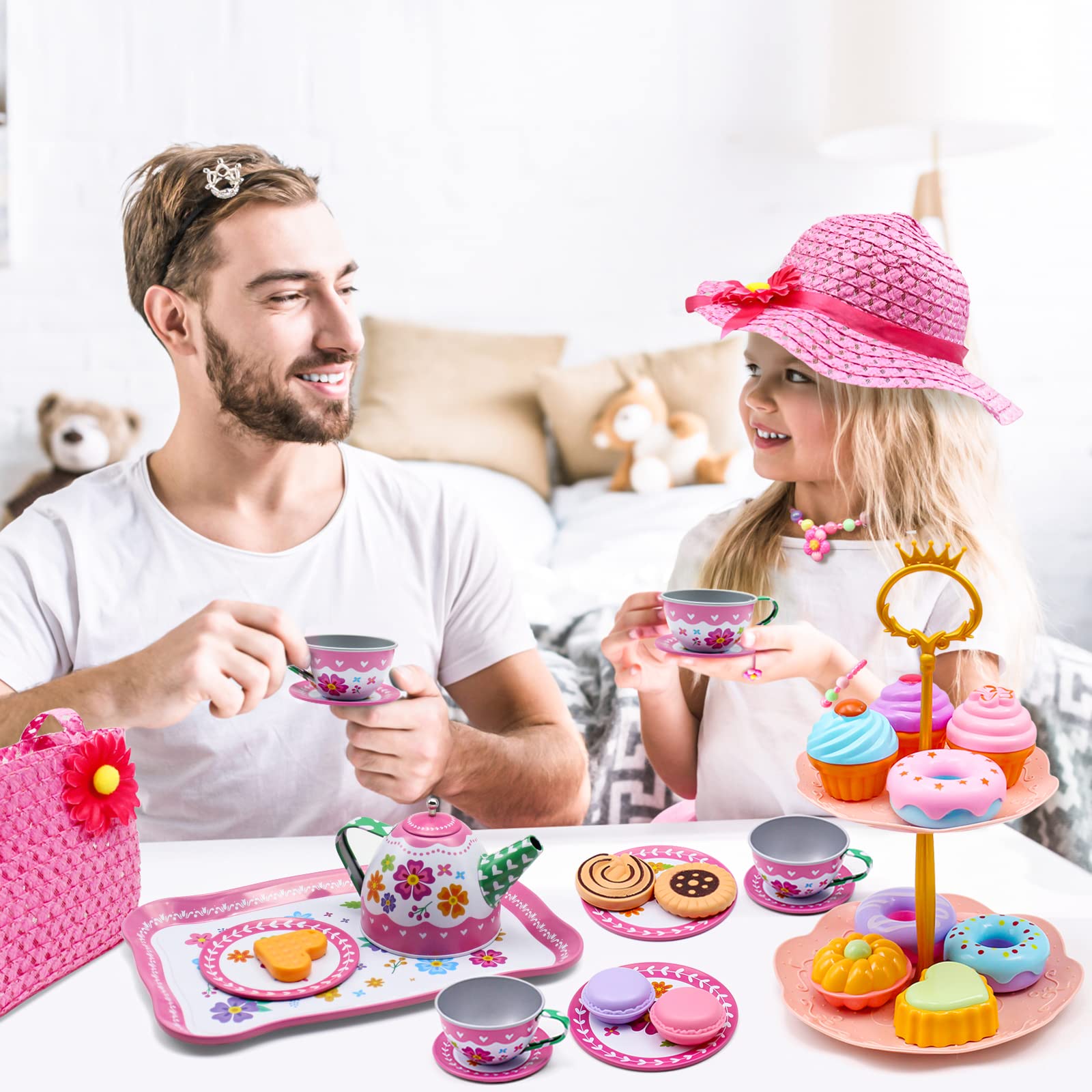 34PCS Kids Tea Party Set for Little Girls, Tin Tea Set Pretend Play with Girl Purse & Tea Party Hat Jewelry Set, Teapot Tea Cups Play Dishes, Birthday Gift Toys for Toddler Girl Kid Age 3+