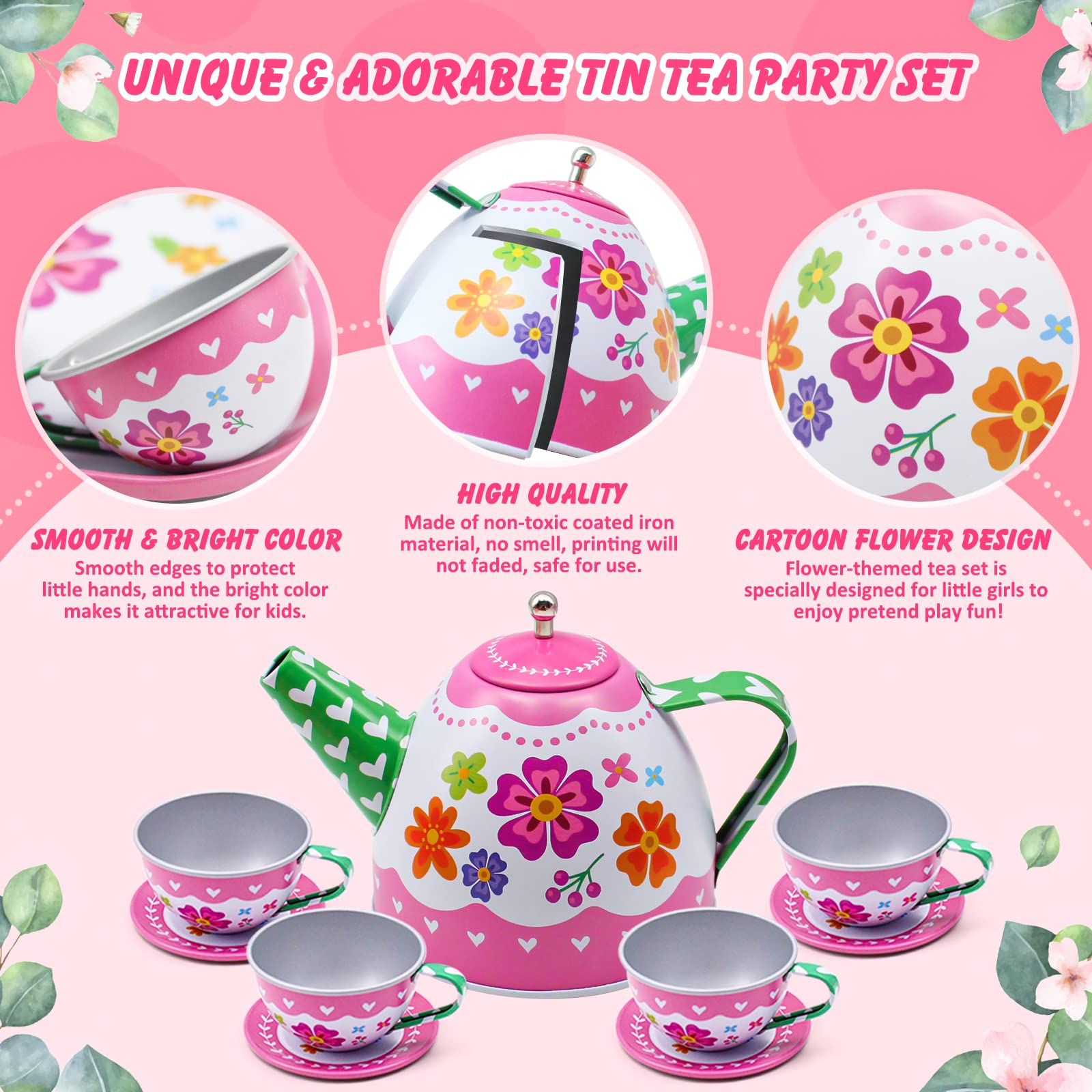 34PCS Kids Tea Party Set for Little Girls, Tin Tea Set Pretend Play with Girl Purse & Tea Party Hat Jewelry Set, Teapot Tea Cups Play Dishes, Birthday Gift Toys for Toddler Girl Kid Age 3+