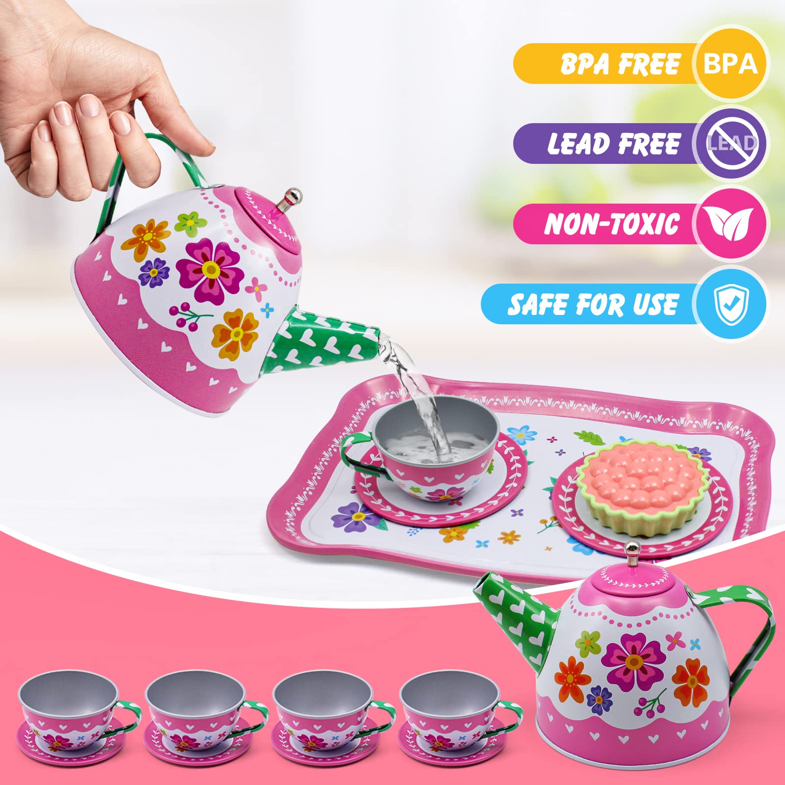 34PCS Kids Tea Party Set for Little Girls, Tin Tea Set Pretend Play with Girl Purse & Tea Party Hat Jewelry Set, Teapot Tea Cups Play Dishes, Birthday Gift Toys for Toddler Girl Kid Age 3+