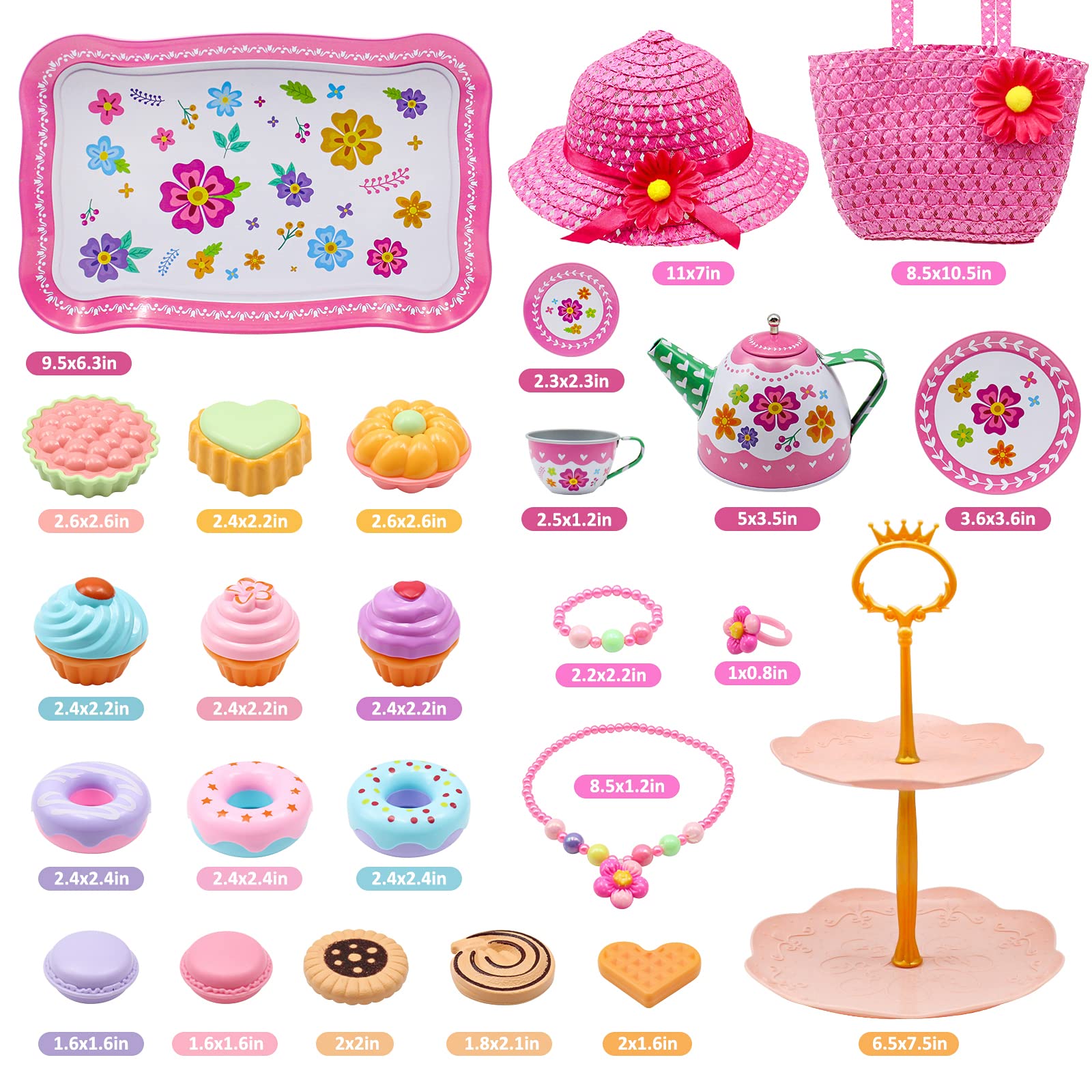 34PCS Kids Tea Party Set for Little Girls, Tin Tea Set Pretend Play with Girl Purse & Tea Party Hat Jewelry Set, Teapot Tea Cups Play Dishes, Birthday Gift Toys for Toddler Girl Kid Age 3+