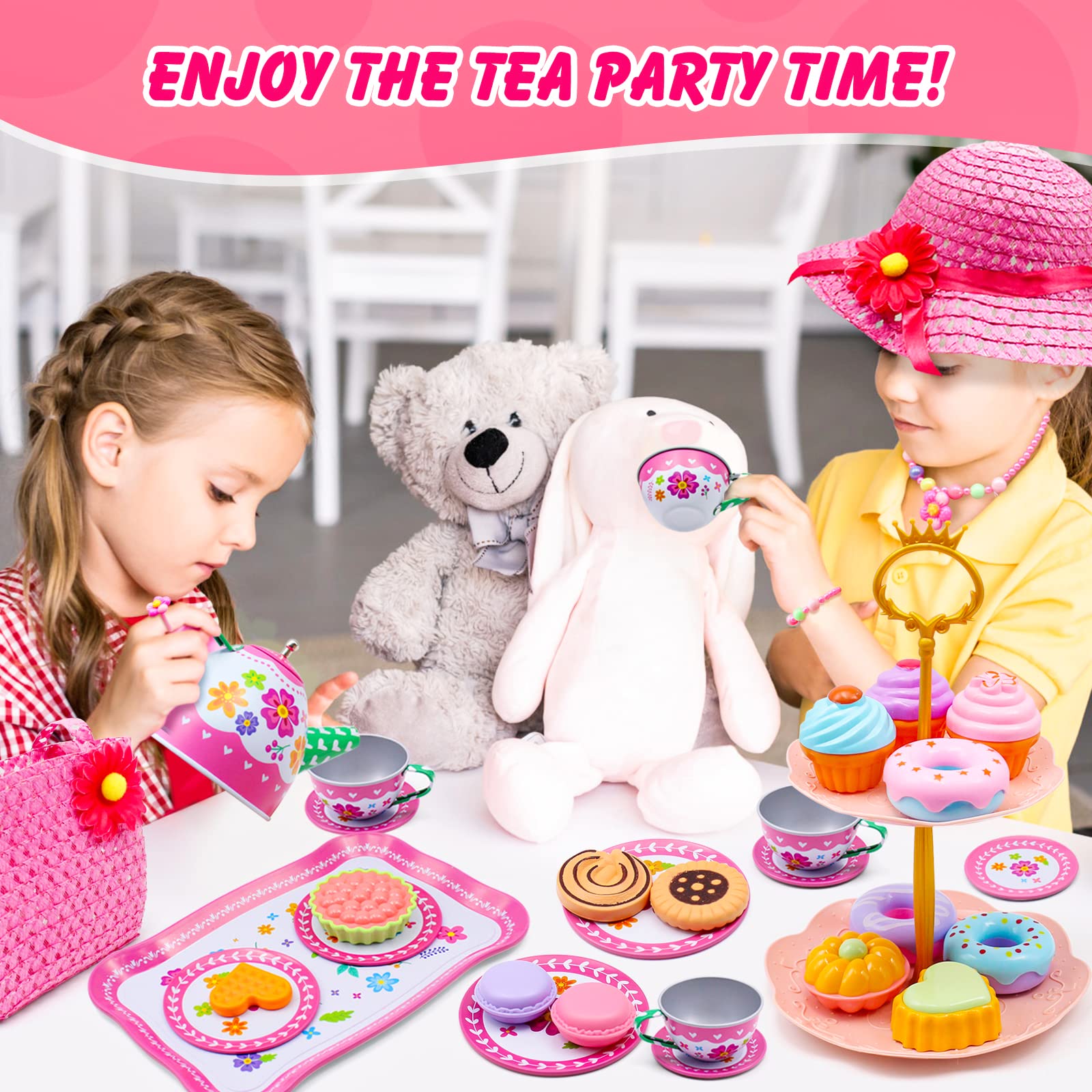 34PCS Kids Tea Party Set for Little Girls, Tin Tea Set Pretend Play with Girl Purse & Tea Party Hat Jewelry Set, Teapot Tea Cups Play Dishes, Birthday Gift Toys for Toddler Girl Kid Age 3+