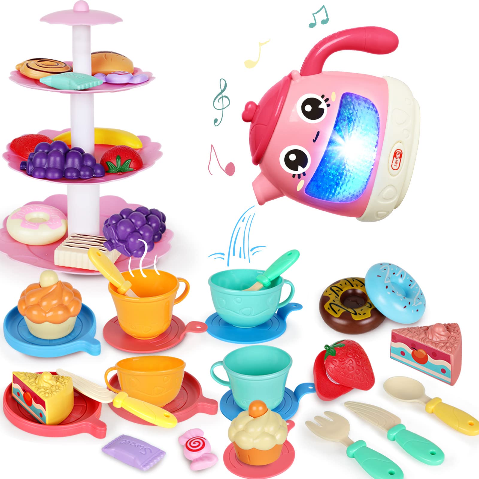 Tea Set for Little Girls 1-3, 48 PCS Tea Party Set for Toddler Little Girls 3-5 with Teapot Tea Cup Music & Light Play Food Toy Kitchen Accessories for Kids Girls Children Boys Toddler Birthday Gift