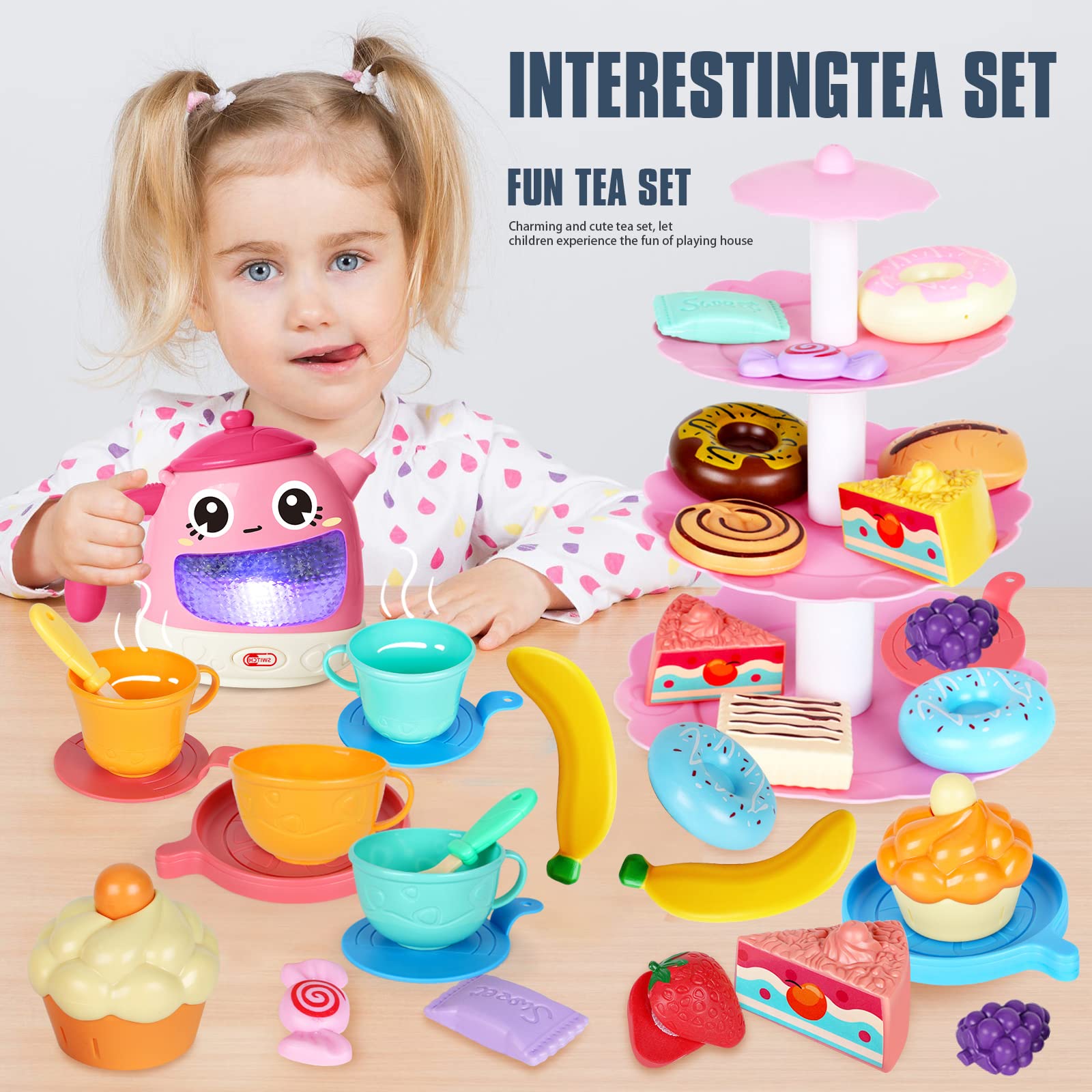 Tea Set for Little Girls 1-3, 48 PCS Tea Party Set for Toddler Little Girls 3-5 with Teapot Tea Cup Music & Light Play Food Toy Kitchen Accessories for Kids Girls Children Boys Toddler Birthday Gift