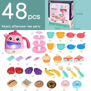 Tea Set for Little Girls 1-3, 48 PCS Tea Party Set for Toddler Little Girls 3-5 with Teapot Tea Cup Music & Light Play Food Toy Kitchen Accessories for Kids Girls Children Boys Toddler Birthday Gift