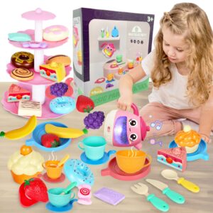 Tea Set for Little Girls 1-3, 48 PCS Tea Party Set for Toddler Little Girls 3-5 with Teapot Tea Cup Music & Light Play Food Toy Kitchen Accessories for Kids Girls Children Boys Toddler Birthday Gift