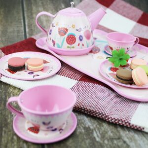 Pink Tea Set for Little Girls,Flower Design Kids Tea Party Set,Princess Tea Time Toys Teapot Dishes Kitchen Pretend Play Tin Tea Party Set for Girls